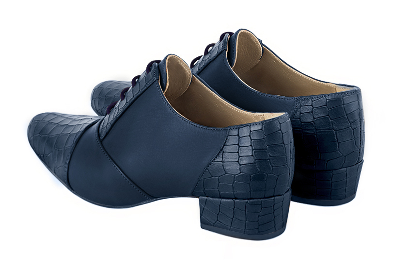 Denim blue women's essential lace-up shoes. Round toe. Low block heels. Rear view - Florence KOOIJMAN